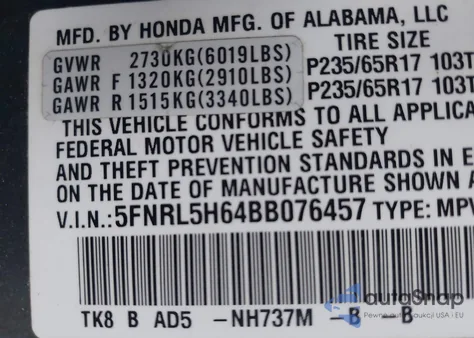 2011 Honda Odyssey Ex-L z USA, uszkodzony, nr VIN 5FNRL5H64BB076457